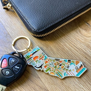 Peut inclure: Un porte-cl&eacute;s en forme de l'&eacute;tat de Californie, de couleur dor&eacute;e, avec un contour d&eacute;taill&eacute; de l'&eacute;tat et diverses ic&ocirc;nes repr&eacute;sentant la culture californienne, notamment des palmiers, des planches de surf et un ours. Le porte-cl&eacute;s est attach&eacute; &agrave; un portefeuille en cuir noir avec une fermeture &eacute;clair dor&eacute;e.