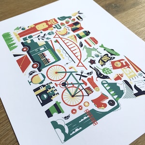 This is an image of an Oregon map art print. The art consists of a collection illustrated icons that form the shape of the state of Oregon. Each illustration represents that culture, natural beauty and history of the state of Oregon.