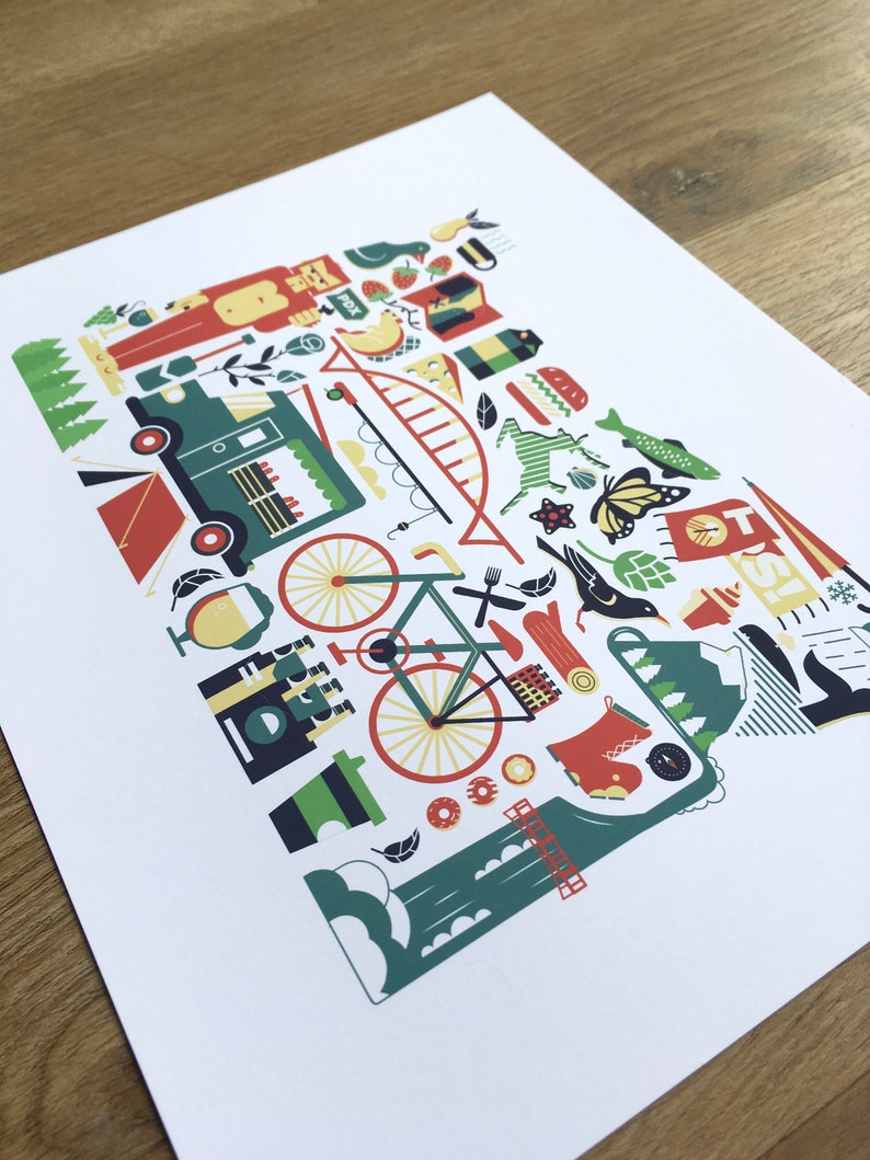 This is an image of an Oregon map art print. The art consists of a collection illustrated icons that form the shape of the state of Oregon. Each illustration represents that culture, natural beauty and history of the state of Oregon.