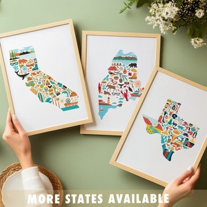 May include: Three framed prints of state outlines filled with colorful illustrations of landmarks and icons. The states are California, Maine, and Texas. The text "MORE STATES AVAILABLE" is at the bottom of the image.