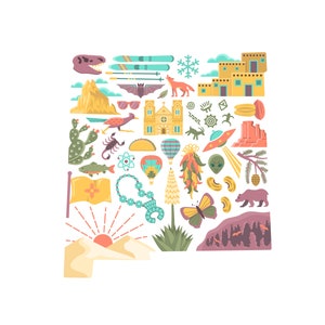 Op de afbeelding: Een kleurrijke illustratie van de staat New Mexico, gevuld met iconen die de cultuur, geschiedenis en natuurlijke schoonheid van de staat vertegenwoordigen. De iconen omvatten een luchtballon, een chilipeper, een schorpioen, een dinosaurus schedel, een kerk, een berg, een UFO, een beer en een zonsondergang.