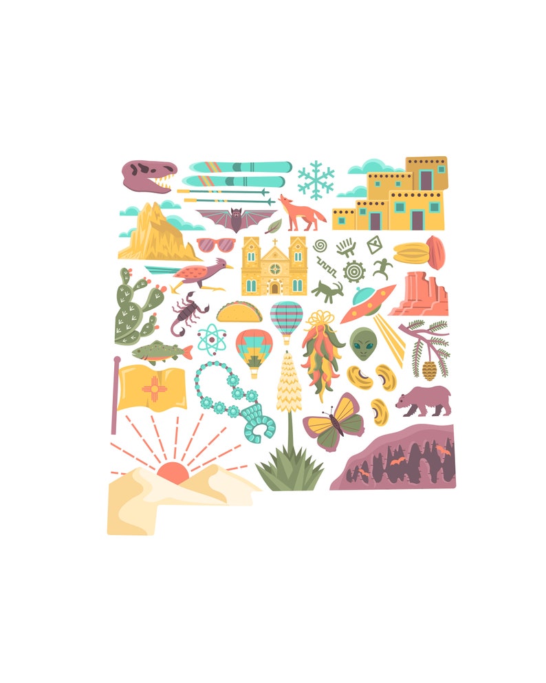 Op de afbeelding: Een kleurrijke illustratie van de staat New Mexico, gevuld met iconen die de cultuur, geschiedenis en natuurlijke schoonheid van de staat vertegenwoordigen. De iconen omvatten een luchtballon, een chilipeper, een schorpioen, een dinosaurus schedel, een kerk, een berg, een UFO, een beer en een zonsondergang.