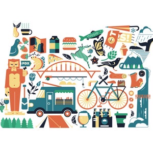 This is an image of a Oregon map art print. The art consists of a collection illustrated icons that form the shape of the state of Oregon. Each illustration represents that culture, natural beauty and history of the state of Oregon.