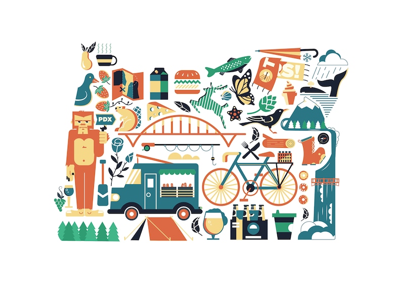 This is an image of a Oregon map art print. The art consists of a collection illustrated icons that form the shape of the state of Oregon. Each illustration represents that culture, natural beauty and history of the state of Oregon.