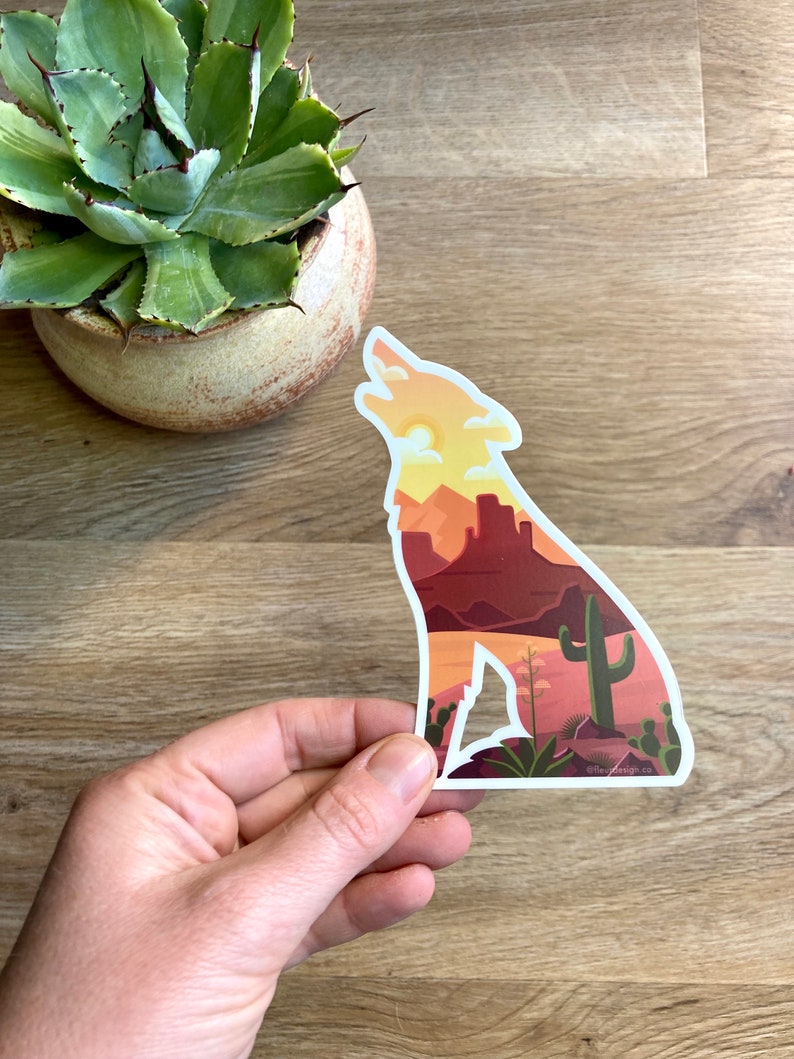 Desert Sticker, Cactus Sticker, Desert Art Gift, Coyote Art, Arizona Gift, Nature Vinyl Sticker, Desert Cactus Gift, Boho Desert Gift image 3