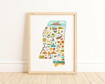 Mississippi Art Print, Illustrated State Map Poster, Mississippi Home Decor, Going Away Gift, Moving Goodbye Gift, Housewarming Gift