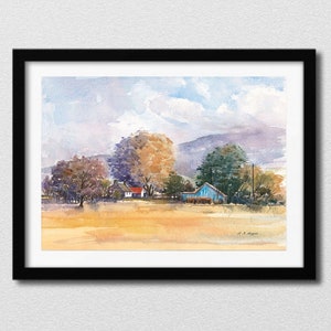 Könnte beinhalten: Aquarellgemälde einer ländlichen Landschaft mit Häusern und Bäumen. Der Himmel ist hellblau mit weißen Wolken. Die Häuser sind in Blautönen und Weiß gestrichen. Die Bäume sind eine Mischung aus Grün und Braun.