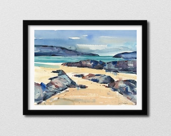 May include: Watercolor painting of a rocky beach scene with a blue sky and turquoise water. The rocks are a mix of brown, gray, and blue. The water is calm and reflects the sky.