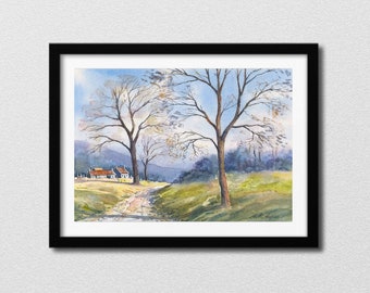 Scotland Landscape Watercolour Print, Scottish Countryside Art