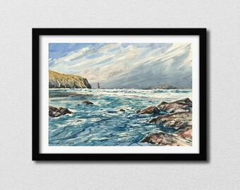 May include: A watercolor painting of a seascape with a rocky shoreline and a distant island. The water is a deep blue and the sky is a light blue with white clouds. The painting is framed in black.