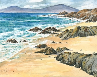 Scarista Beach Watercolour Print, Isle of Harris Scotland Art