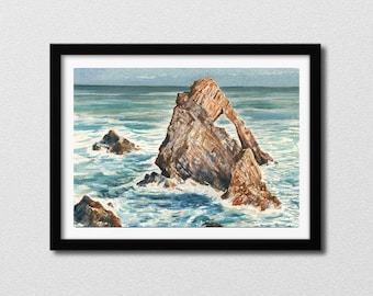 Bow Fiddle Rock Watercolour Print, Scottish Coastal Art
