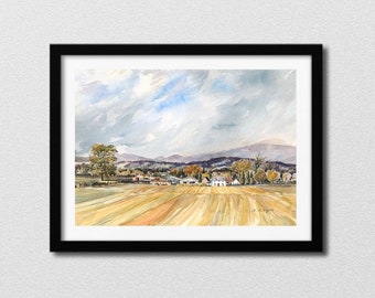 Schottland Poster, Golden Fields of Stirling, Aquarell Kunst