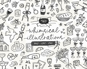 350 Whimsical Illustrations, Whimsical Wedding Clipart, Whimsical Wedding Bundle, Frames, Menu Clipart, Champagne Tower, Wedding Icons Svg