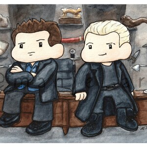 May include: A watercolour illustration of two cartoon characters sitting at a desk. The character on the left is wearing a blue shirt and a black suit jacket. The character on the right is wearing a black shirt and a black coat. Both characters have large heads and small bodies.