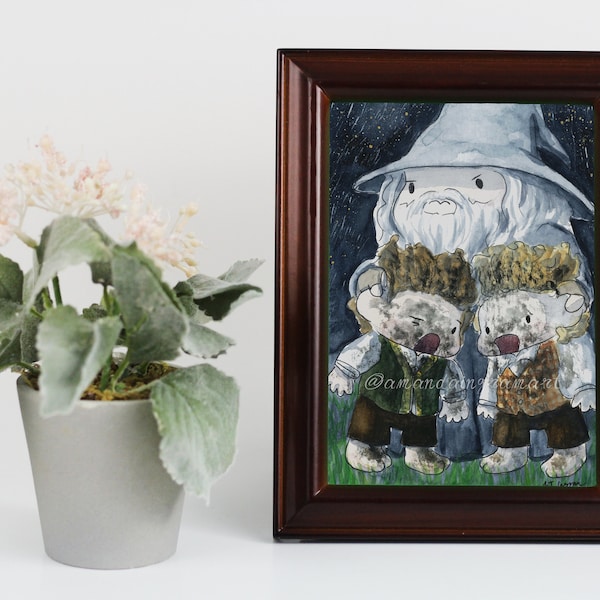 Merry and Pippin Get Caught by Gandalf,  Watercolour Art Print, Caricature, LOTR