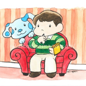 Blue Dog Art Print, Beans Style Caricature Watercolour Art Print, Blues Clues Throwback