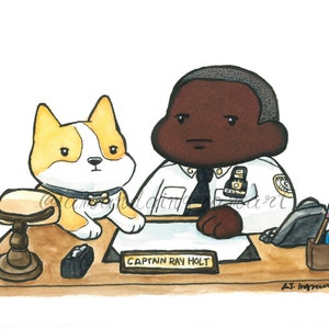 Captain Holt and Cheddar, Watercolour Art Print, Beans Style caricature, Police Chief and Dog,