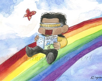 Reading Rainbow, Watercolour Art Print, Caricature, Geordi La Forge