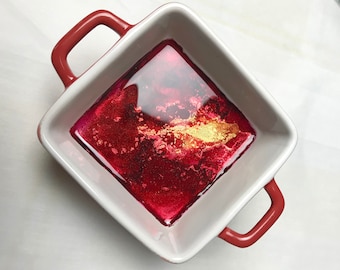 Trinket Dish - Alcohol Ink Covered in Resin with a Hint of Shimmer and Glitter - Red and Gold