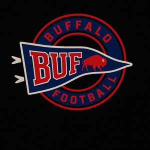 May include: A circular emblem with the words "BUFFALO FOOTBALL" in red and blue. A blue pennant with the letters "BUF" in red and a red bison graphic is in the center. The background is black.