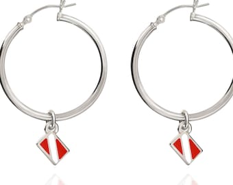 Dive Flag Hoop Earrings Sterling Silver- Scuba Diving Gifts for Women, Scuba Diving Earrings, Dive Flag Charm Earrings, Gifts for Divers