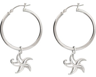 Starfish Hoop Earrings Sterling Silver- Small Sea Star Earrings, Small Starfish Dangle Hoop Earring Charms, Sea Star Jewelry Sterling Silver