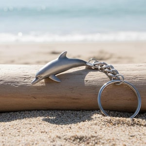 Puede incluir: Un llavero de delfín plateado sobre un trozo de madera flotante en una playa arenosa. El llavero presenta un dije de delfín detallado conectado a una cadena y un gran llavero. El fondo muestra el océano y el cielo.