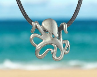 Pewter Octopus Necklace: Ocean Theme Pendant, Braided Cord