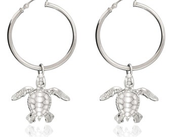 Turtle Earrings Sterling Silver- Sea Turtle Hoop Earrings, Sea Turtle Gift, Sterling Silver Turtle Dangle Earrings, Gifts for Turtle Lovers