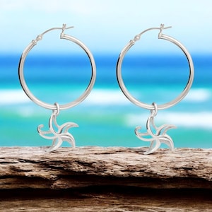 Sterling Silver Starfish Hoop Earrings: Sea Star Dangle Charms