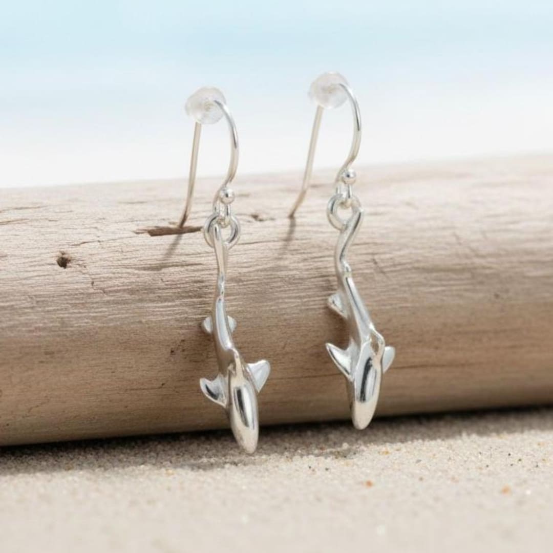 Sterling Silver Shark Earrings: 3D Reef Shark Dangle Charms - Etsy