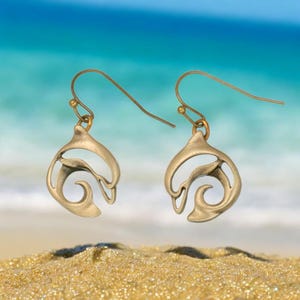 Bronze Dolphin Dangle Earrings: Sea Life Boho Jewelry