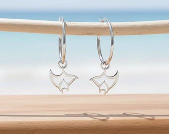 Sterling Silver Manta Ray Hoop Earrings: Ocean Jewelry