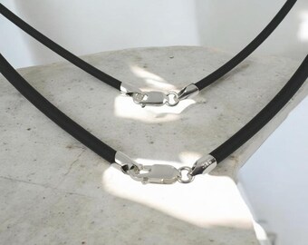 2mm or 3mm black rubber cord necklace sterling silver ends & lobster clasp