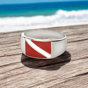 Anillo de buzo de plata de ley - Anillo con bandera de buceo para hombre y mujer