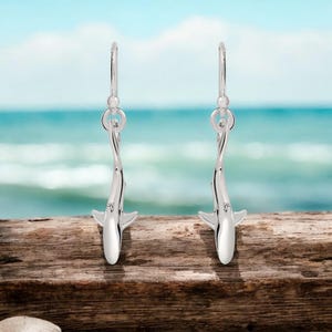 Sterling Silver Shark Earrings: 3D Reef Shark Dangle Charms