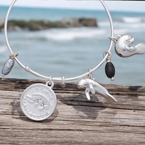May include: A silver charm bracelet with a variety of charms, including a manatee, a sea turtle, and a black bead. The bracelet is on a wooden surface with a blurry background of the ocean.