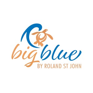 May include: The Big Blue logo features a stylized blue wave and an orange sea turtle. The words "big blue" are in orange and blue script, with "BY ROLAND ST JOHN" in smaller text below. The design is on a white background.