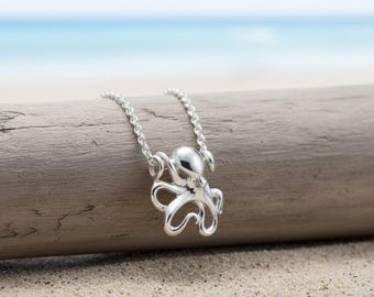 Sterling Silver Octopus Necklace: Sea Life Pendant, Ocean Jewelry