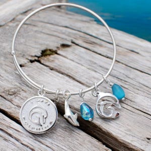 May include: A silver charm bracelet with a variety of charms, including a dolphin, a wave, and a teardrop-shaped blue glass bead. The bracelet is inscribed with the words "I love dolphins".