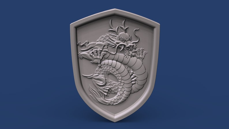 May include: A silver shield with a detailed 3D carving of a dragon. The dragon is curled up with its head facing forward and its claws visible.