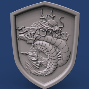 May include: A gray, three-dimensional, sculpted dragon coiled around itself, with its head facing forward, is displayed on a gray shield.
