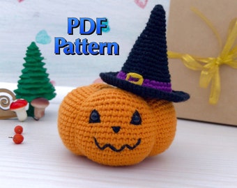 Pumpkin crochet pattern PDF, Witch hat, Halloween decor, DIY, Amigurumi, Pattern stuffed toys, Organic toys, Cute pumpkin in hat pattern