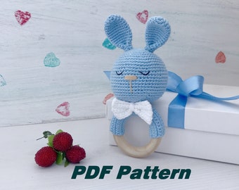 Conejito de ganchillo Patrón PDF Patrón de sonajero de conejo Amigurumi conejito Mordedor juguete Conejito suave animal Ganchillo conejito mordedor Hecho a mano primer juguete