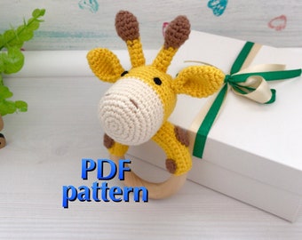 Patrón jirafa de ganchillo PDF, Juguete sonajero, Animales Amigurumi, Jirafa hecha a mano, Juguete sonajero relleno, Juguete mordedor de algodón, Regalo baby shower