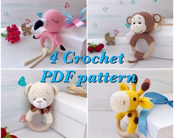 Paquete PDF patrón de ganchillo, oso sonajero, mono, jirafa, flamenco, juguete mordedor, juguetes orgánicos para bebés, animales de ganchillo, regalo para recién nacido