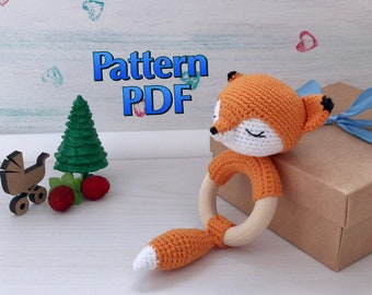 Crochet fox pattern PDF Rattle teeth cutter Organic baby toy Teether wooden ring Amigurumi animal pattern Gift for newborn Baby shoower gift