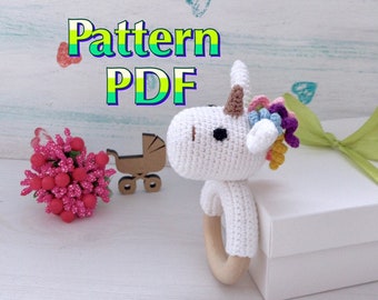 Patrón de unicornio de ganchillo PDF Sonajero cortador de dientes Patrón de caballo de hadas PDF Juguetes orgánicos para bebés Mordedor anillo de madera Amigurumi Sonajero unicornio