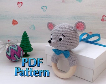 Patrón de ratón de ganchillo PDF Rata sonajero Patrón de juguetes orgánicos para bebés Anillo mordedor de madera Amigurumi ratón gris Regalo para recién nacido Ratón niño juguete